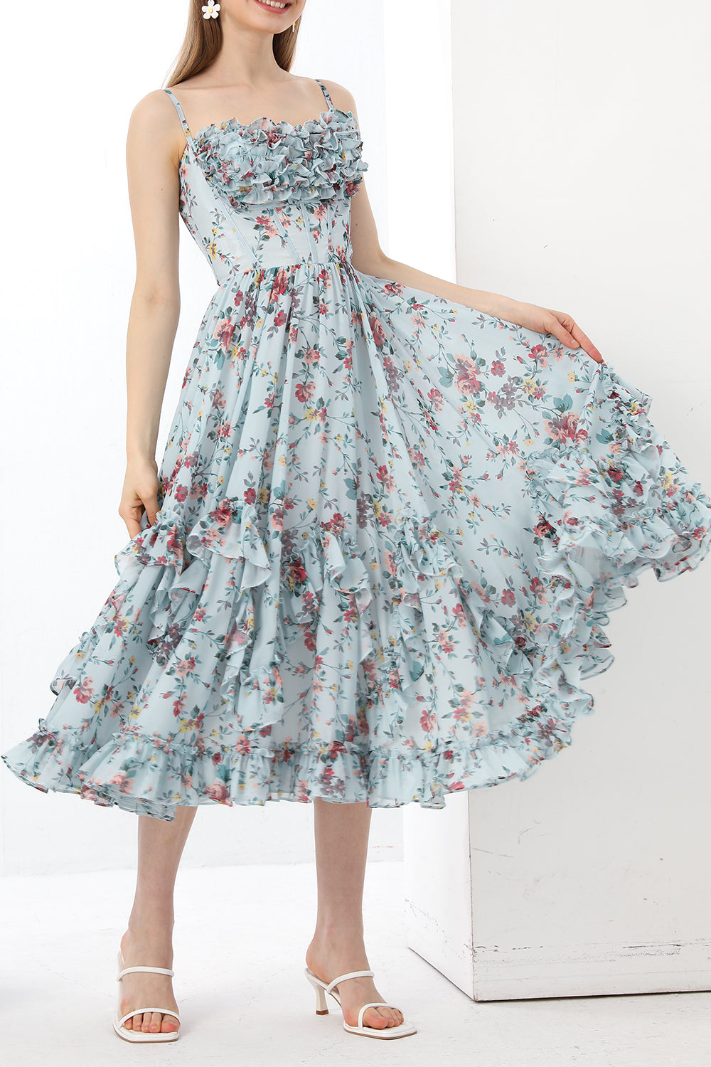 MissJophiel Spaghetti Straps Corset Floral Print Chiffon Dress
