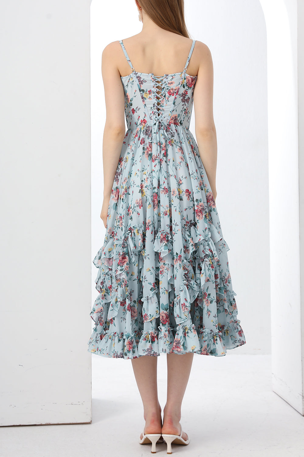 MissJophiel Spaghetti Straps Corset Floral Print Chiffon Dress