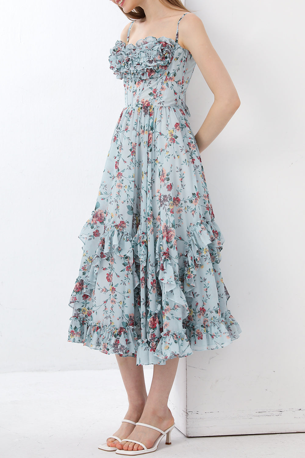 Spaghetti Straps Chiffon Max Dress with Sash Bow Turquoise