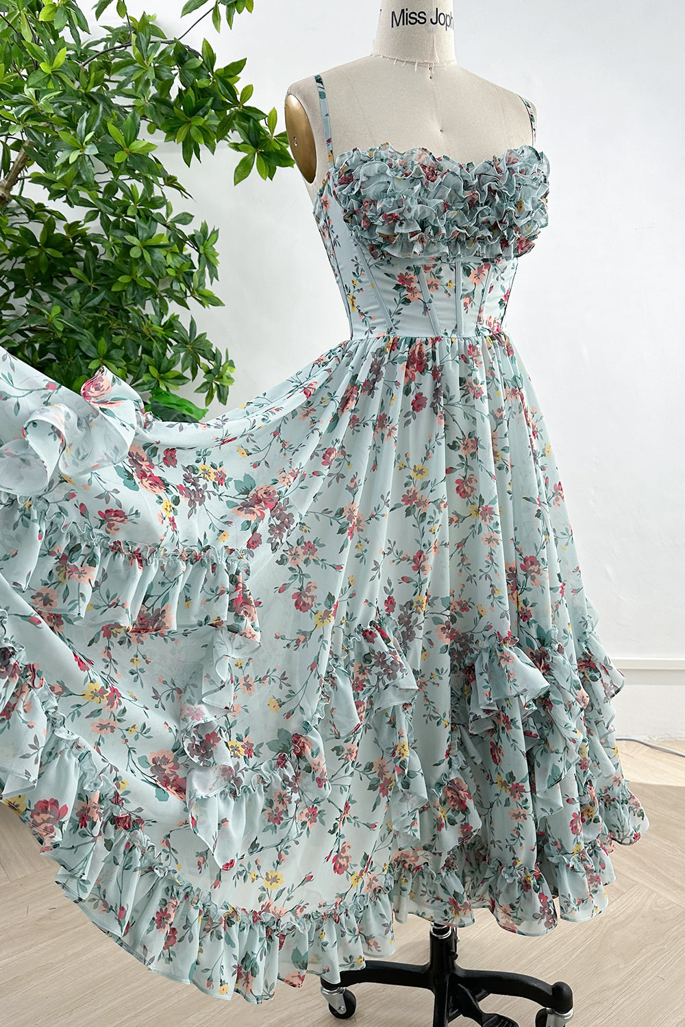 MissJophiel Spaghetti Straps Corset Floral Print Chiffon Dress