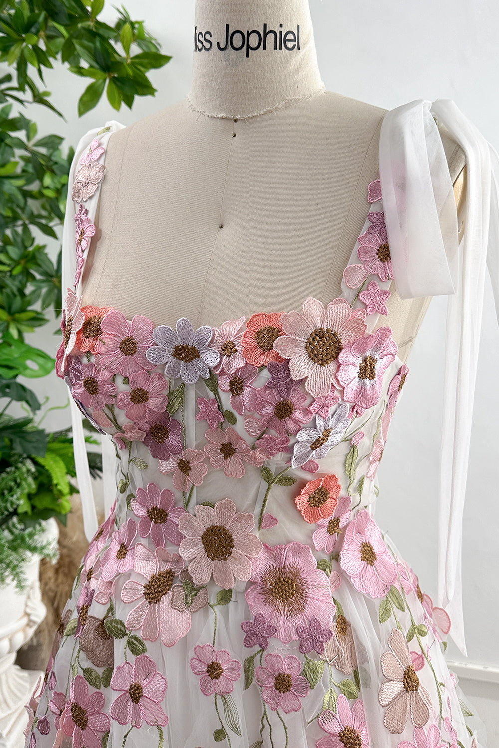 Applique Floral Corset Side Slit Dress with Removable Tie Straps