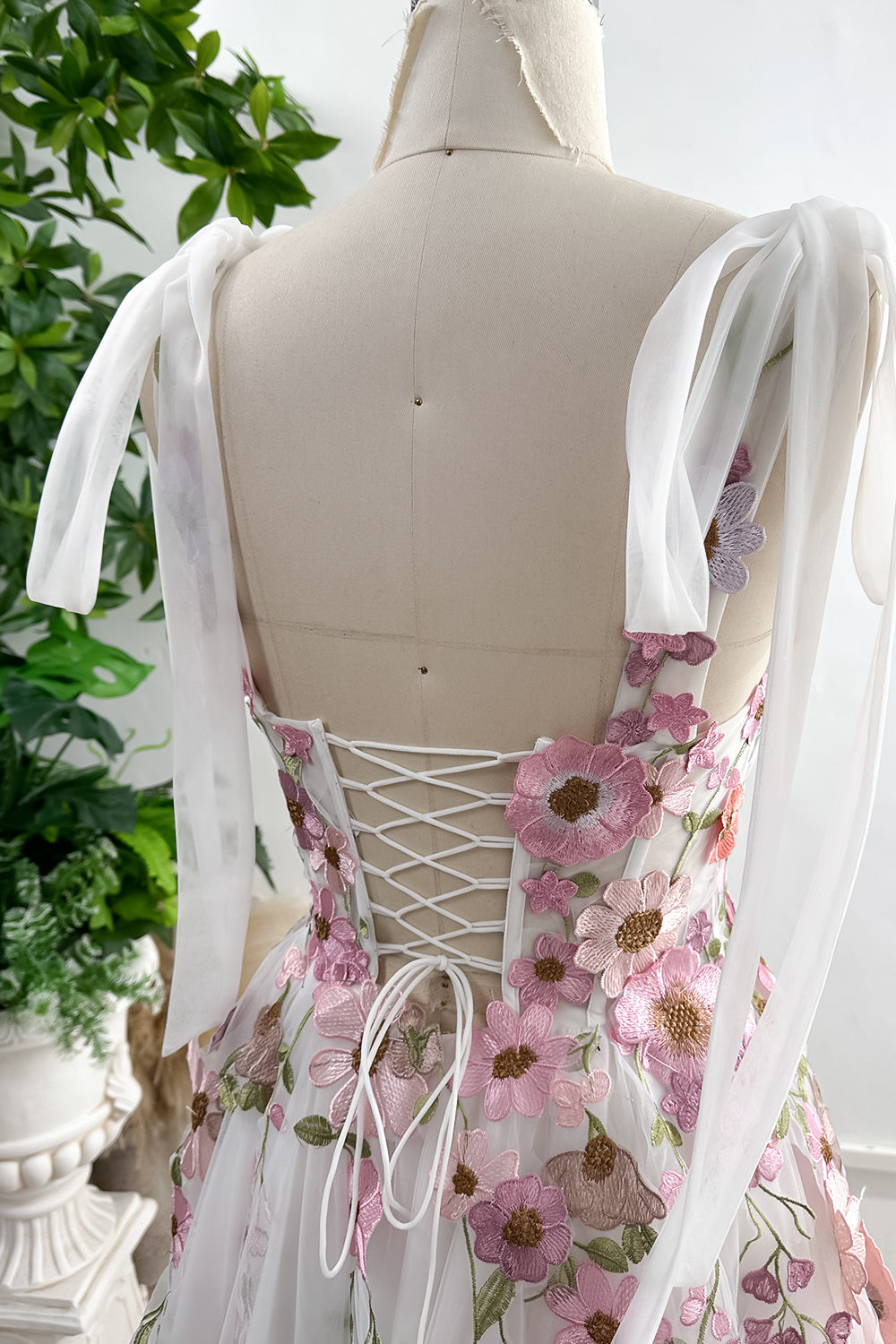 Applique Floral Corset Side Slit Dress with Removable Tie Straps