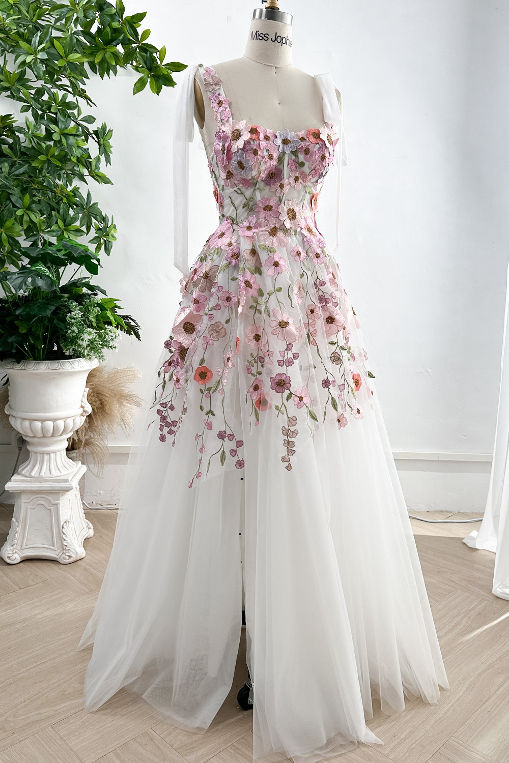 MissJophiel Applique Floral Corset Ivory Pink Dress with Removable Tie Straps