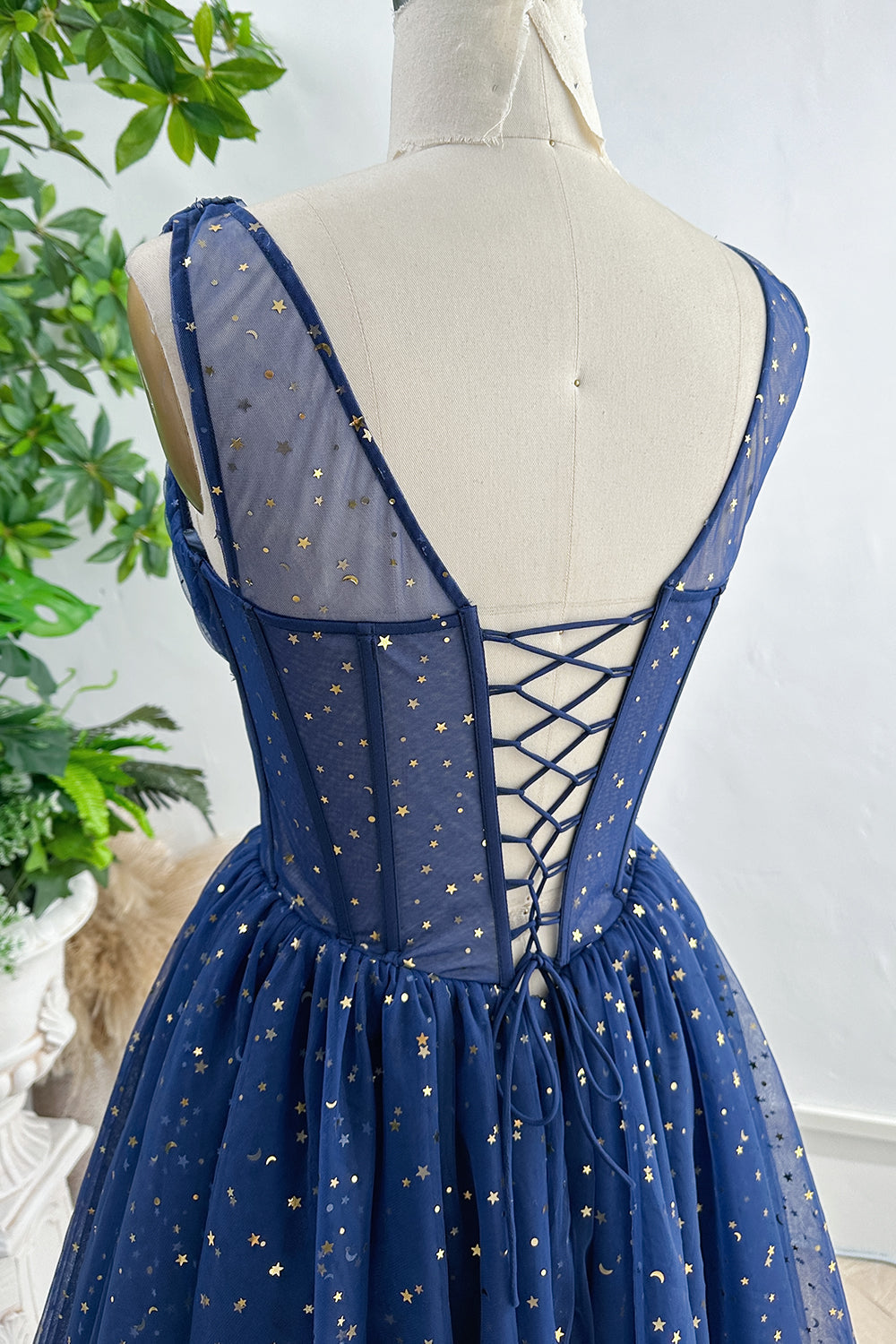 MissJophiel Straps V Neck Star Tulle Mini Dress with Lace Up Back