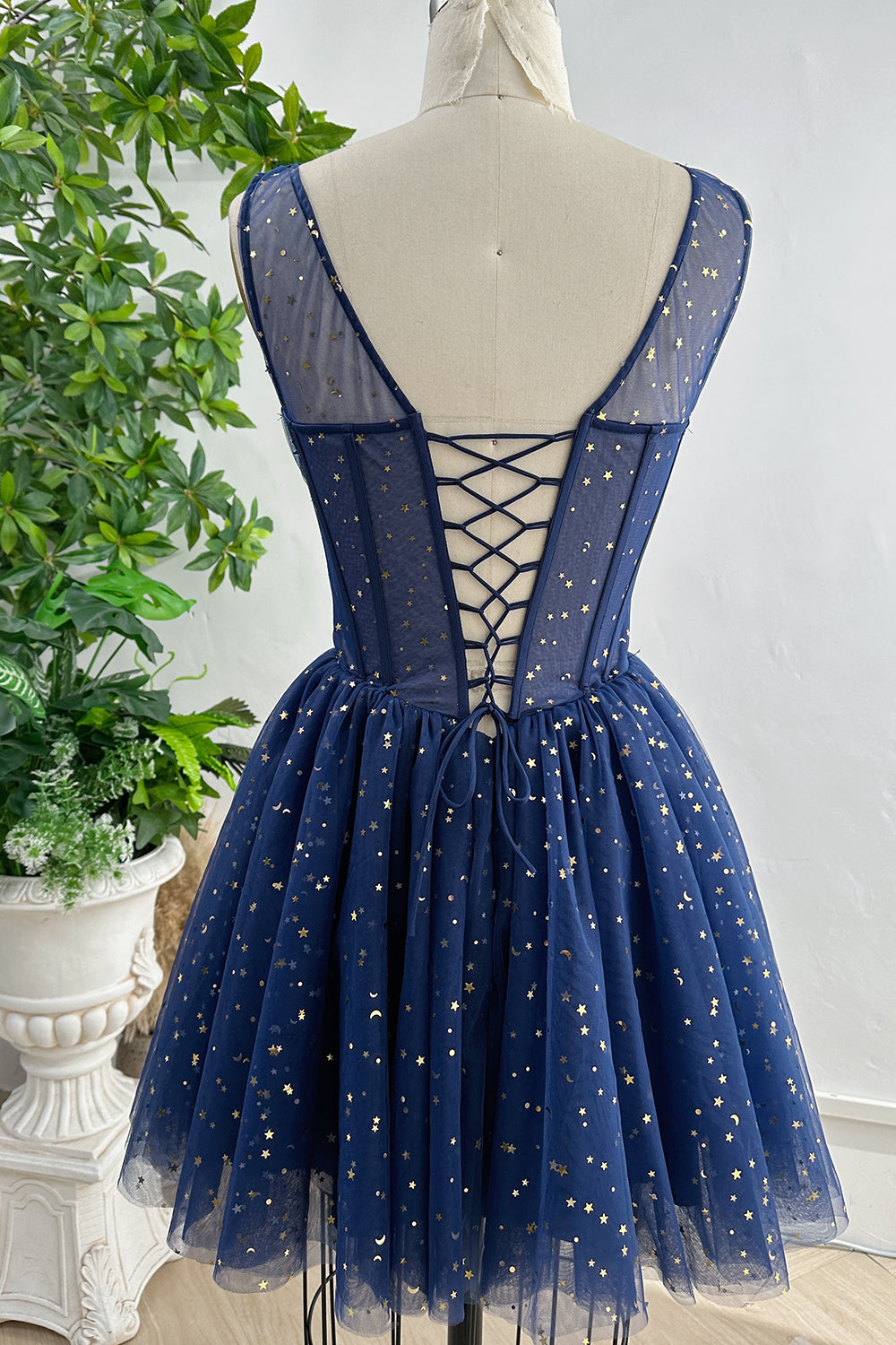 MissJophiel Straps V Neck Star Tulle Mini Dress with Lace Up Back MissJophiel Straps V Neck Star Tulle Mini Dress with Lace Up Back