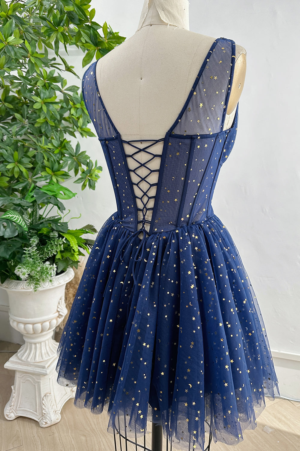MissJophiel Straps V Neck Star Tulle Mini Dress with Lace Up Back MissJophiel Straps V Neck Star Tulle Mini Dress with Lace Up Back