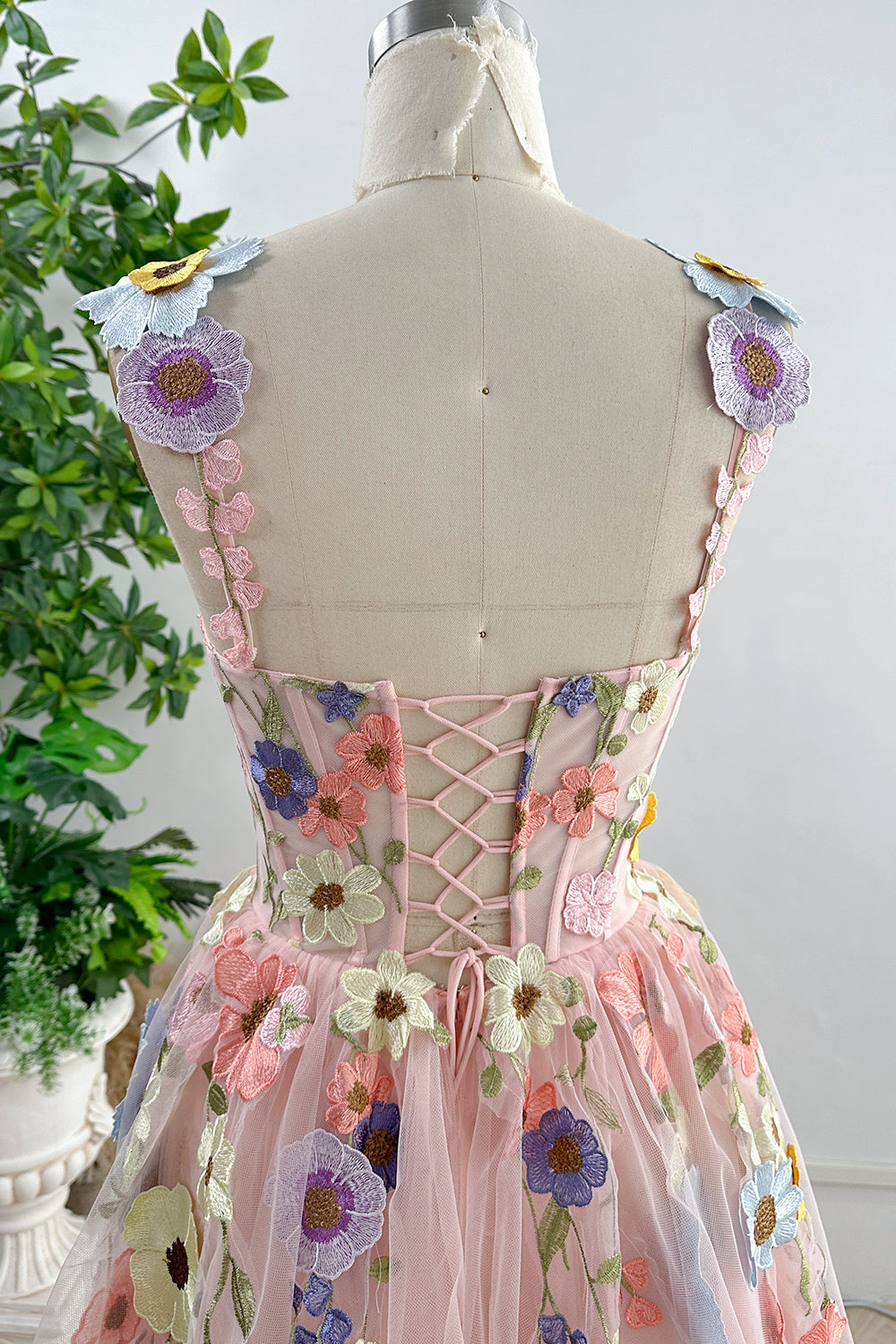 Corset Floral Applique Midi Dress with Tie Straps