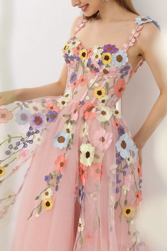 Corset Floral Applique Midi Dress with Tie Straps