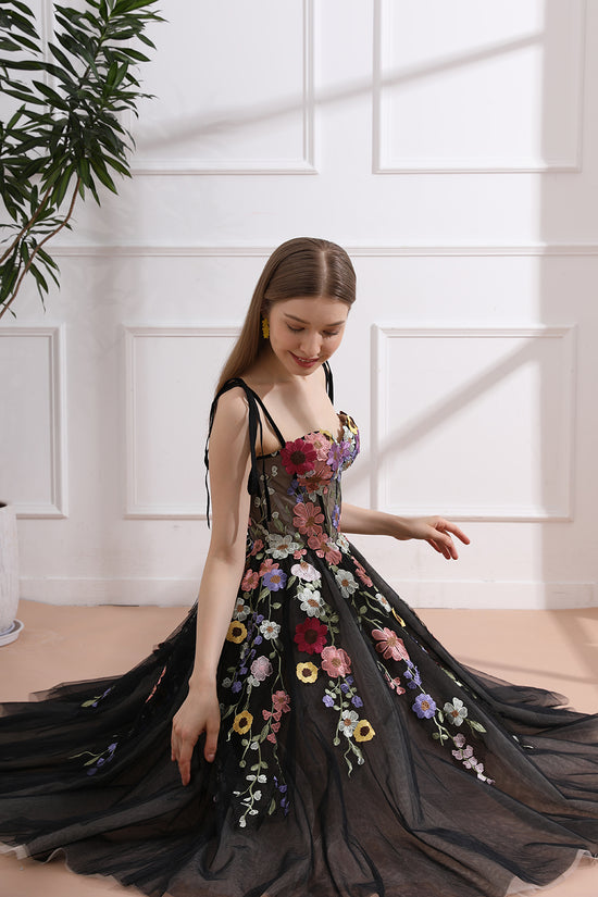 Colorful Applique Floral Corset Black Dress with Tie Straps