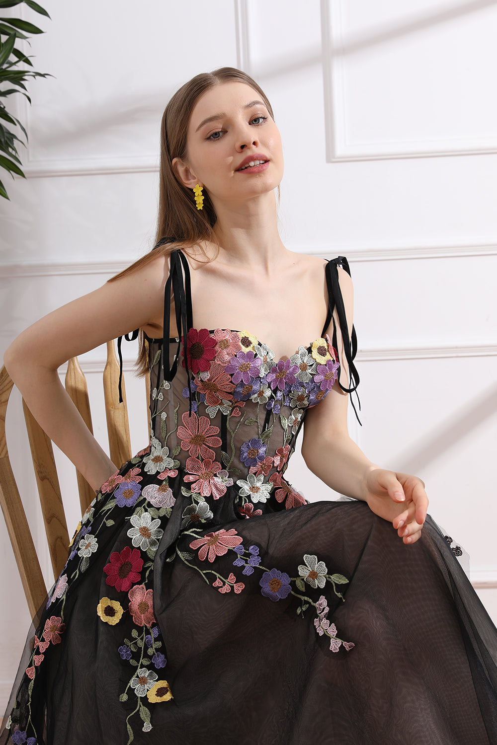 MissJophiel Colorful Applique Floral Corset Black Dress with Tie Straps Black Floral / Tea Length / Custom Size / Plus Size MissJophiel Colorful Applique Floral Corset Black Dress with Tie Straps Black Floral / Tea Length / Custom Size / Plus Size