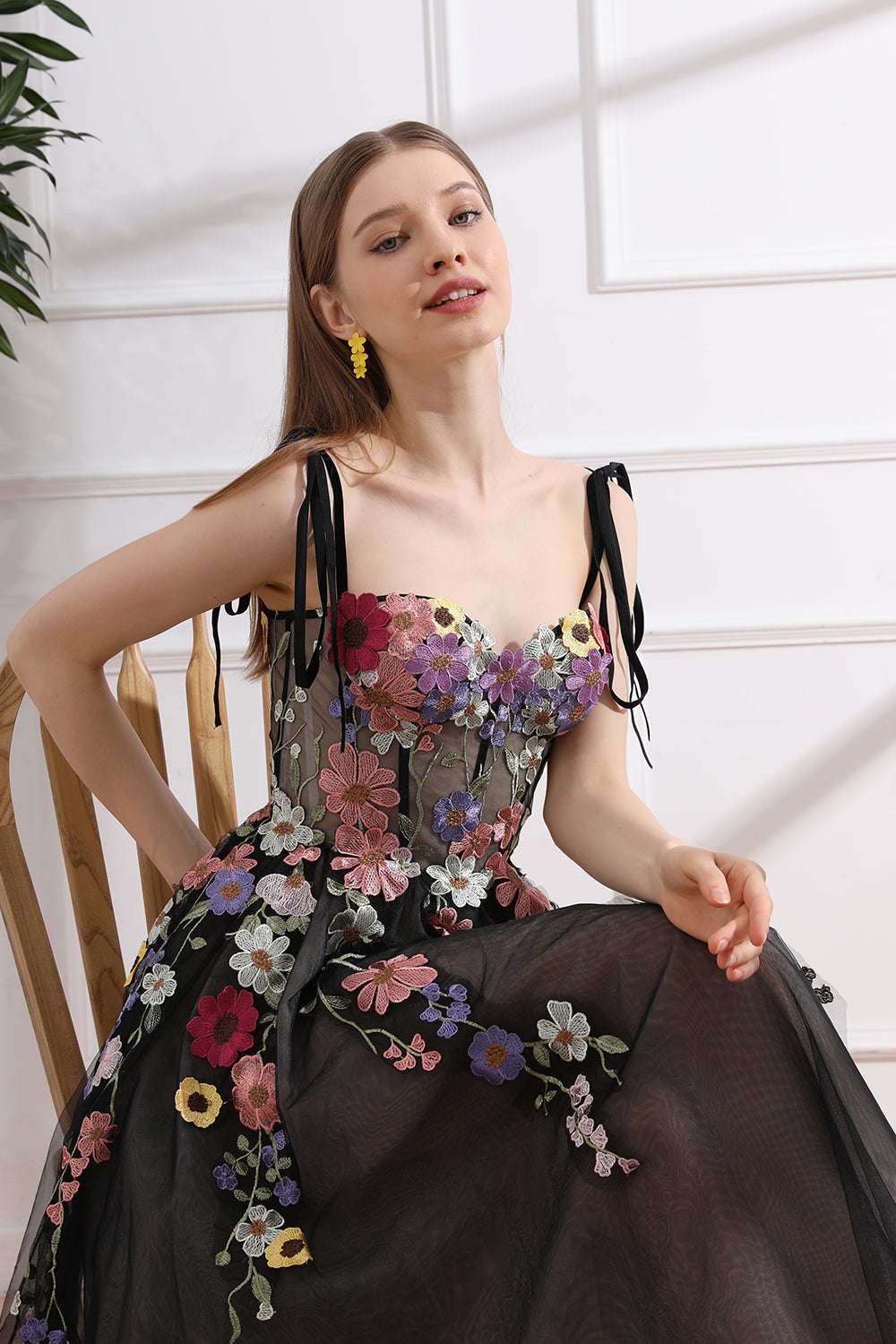Colorful Applique Floral Corset Black Dress with Tie Straps