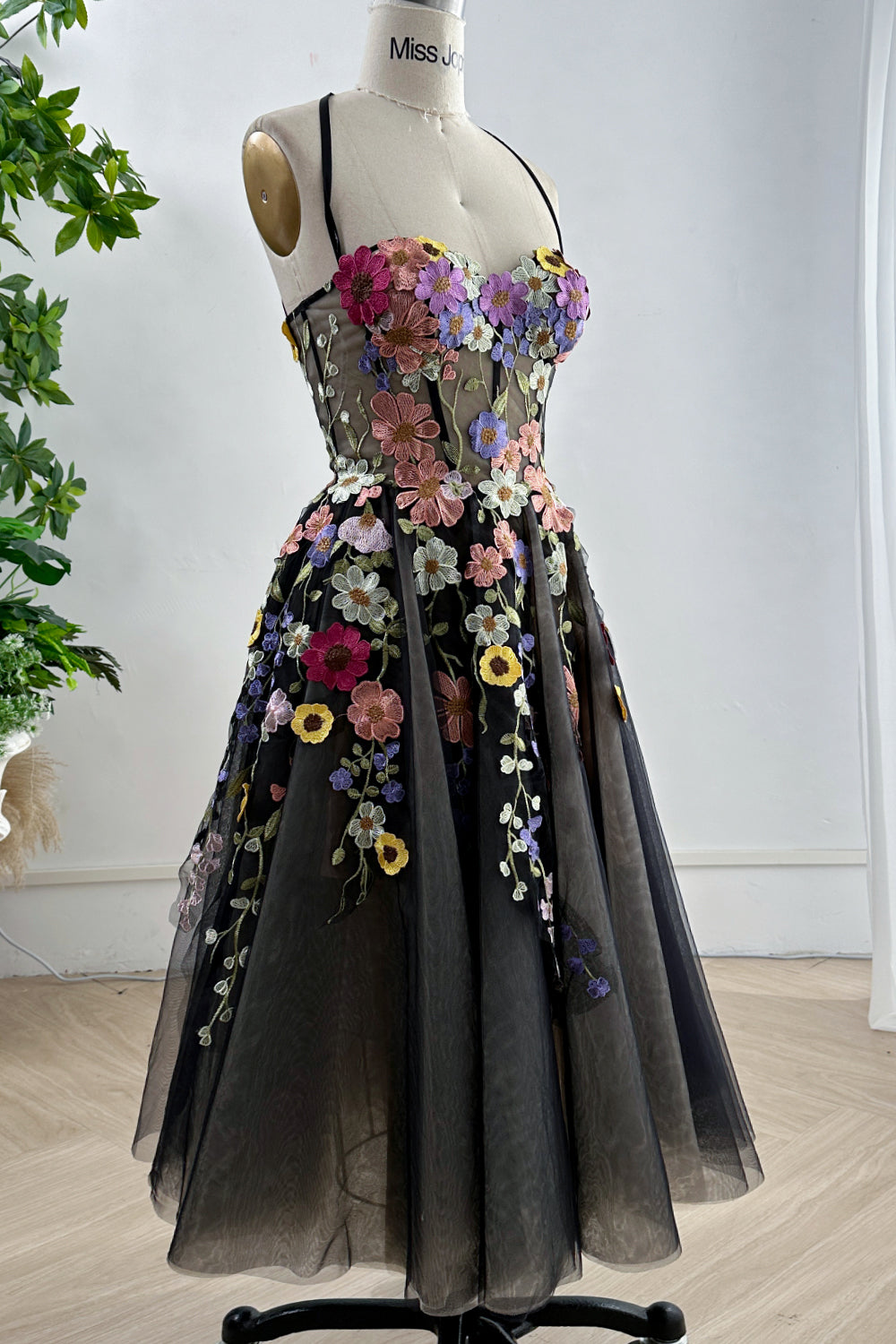 floral-appliqu corset mini dress in black Posy Floral-Appliqu Corset Mini Dress in Black