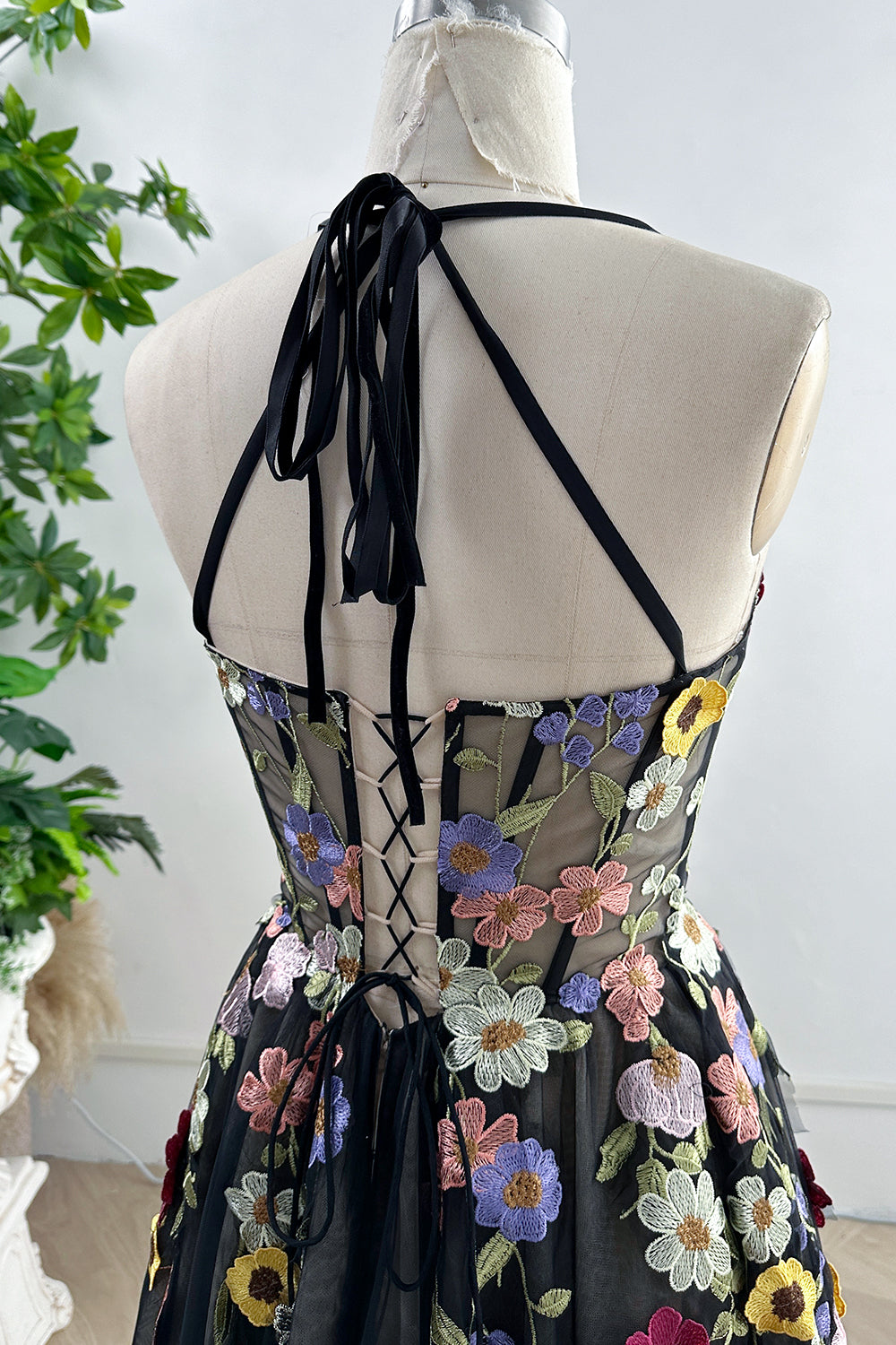 MissJophiel Colorful Applique Floral Corset Black Dress with Tie Straps