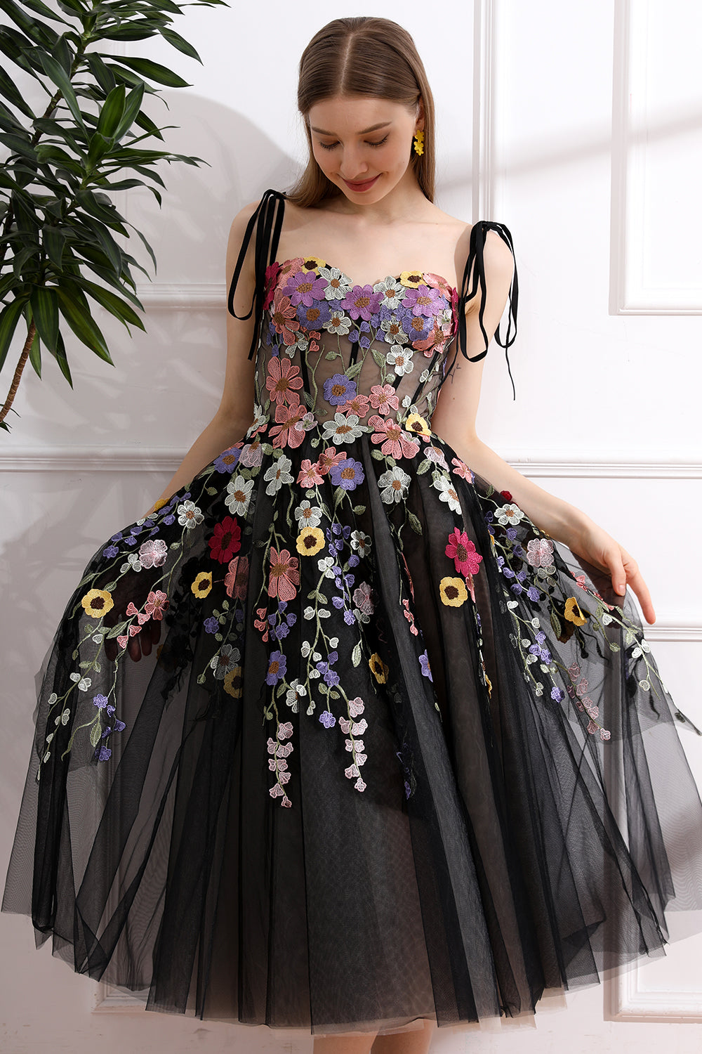 MissJophiel Colorful Applique Floral Corset Black Dress with Tie Straps Black Floral / Tea Length / Custom Size / Plus Size