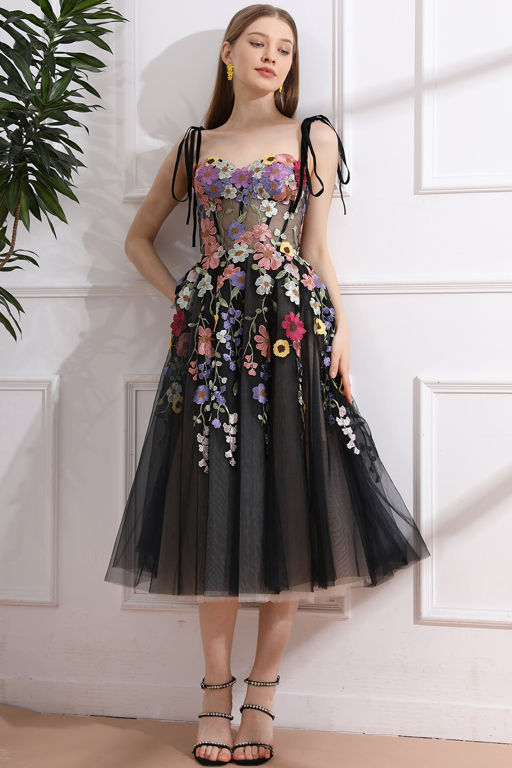 Colorful Applique Floral Corset Black Dress with Tie Straps