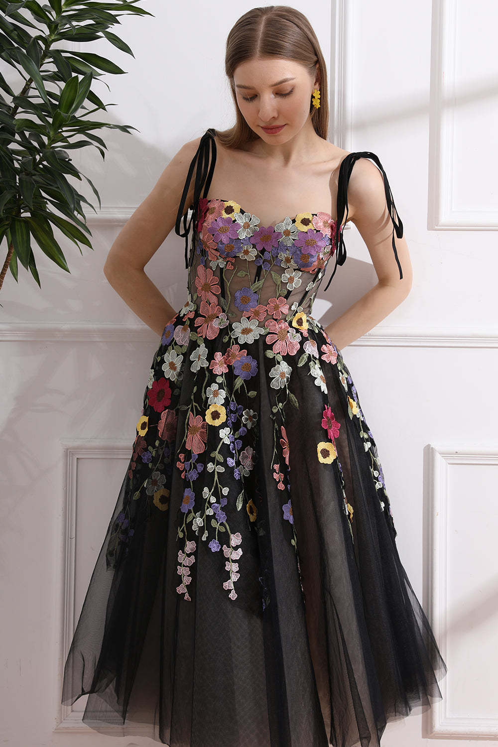 MissJophiel Colorful Applique Floral Corset Black Dress with Tie Straps Black Floral / Tea Length / Custom Size / Plus Size MissJophiel Colorful Applique Floral Corset Black Dress with Tie Straps Black Floral / Tea Length / Custom Size / Plus Size