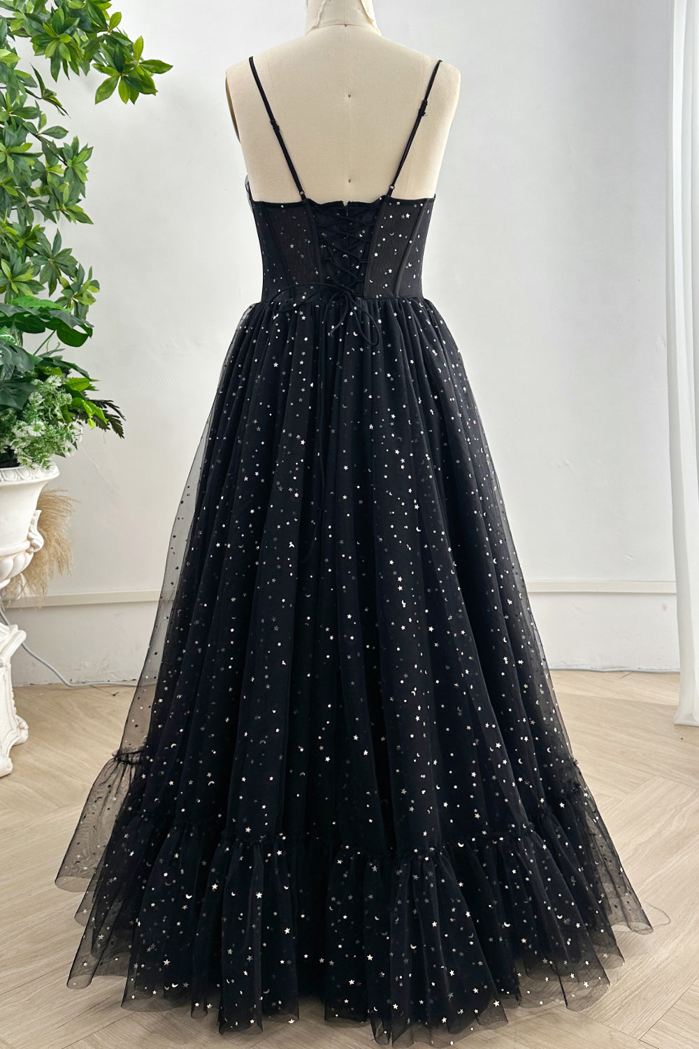 MissJophiel Spaghetti Straps Corset Silver Star Black Tulle Long Dress with Slit Other / Above Knee / US16 MissJophiel Spaghetti Straps Corset Silver Star Black Tulle Long Dress with Slit Other / Above Knee / US16