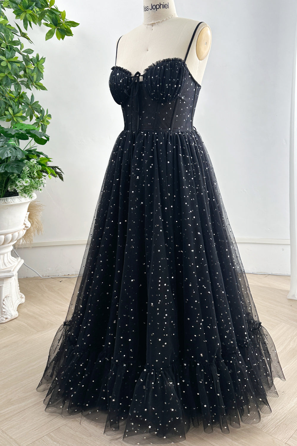 MissJophiel Spaghetti Straps Corset Silver Star Black Tulle Long Dress