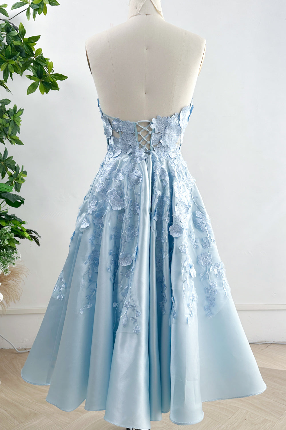 MissJophiel Strapless Floral Applique Sky Blue Satin Midi Dress