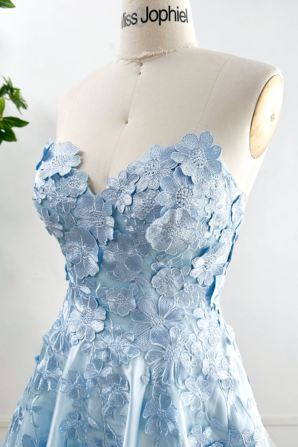 Strapless Floral Applique Sky Blue Satin Midi Dress