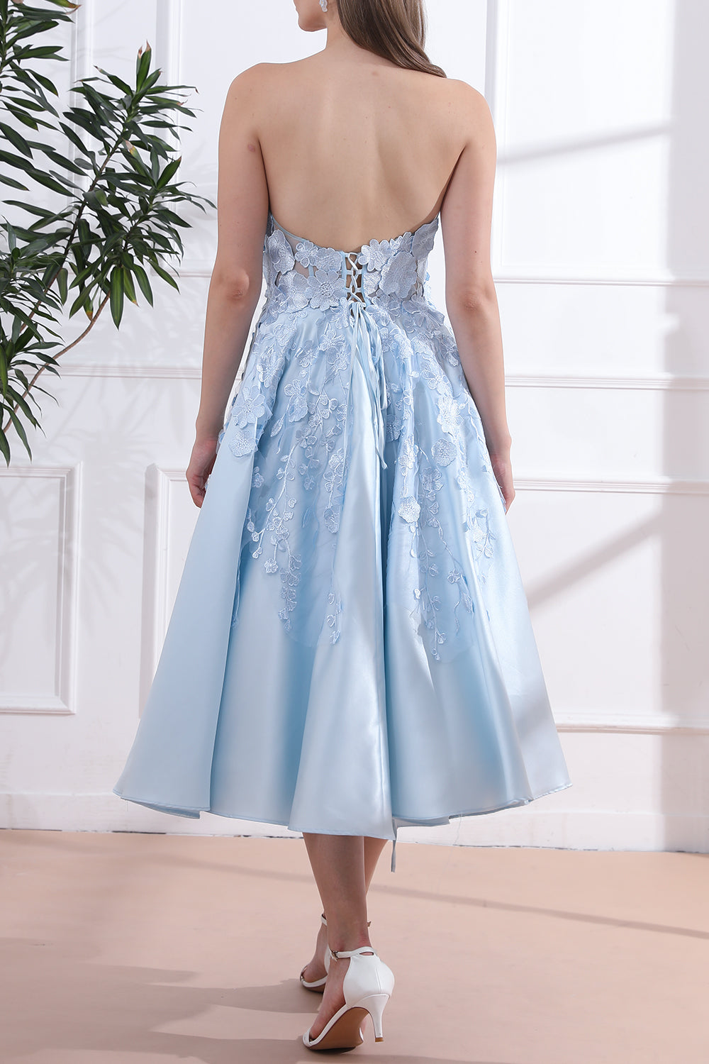 Strapless Floral Applique Sky Blue Satin Midi Dress