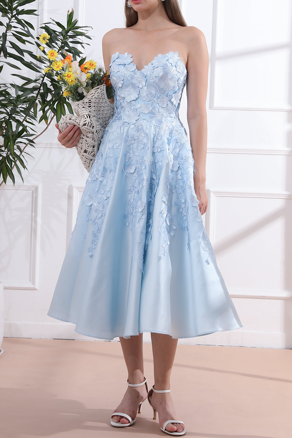 Strapless Floral Applique Sky Blue Satin Midi Dress