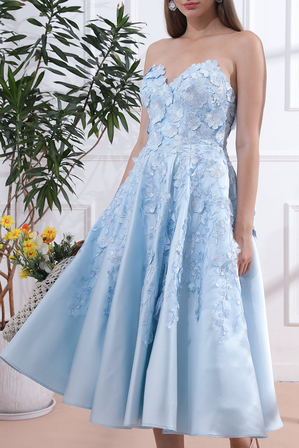 Strapless Floral Applique Sky Blue Satin Midi Dress