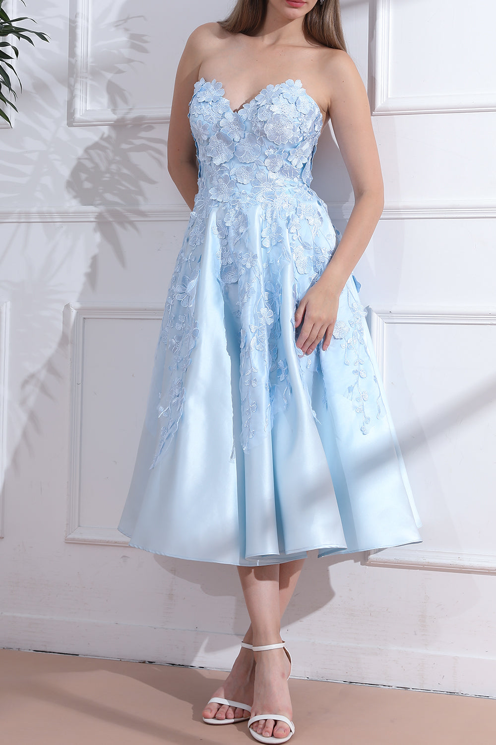 Strapless Floral Applique Sky Blue Satin Midi Dress