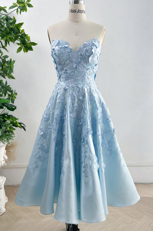 MissJophiel Strapless Floral Applique Sky Blue Satin Midi Dress