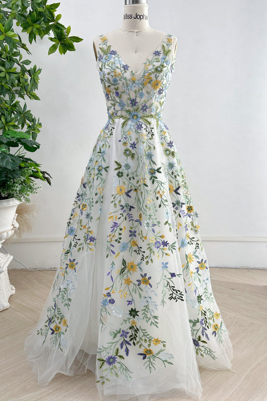 MissJophiel V Neck Sleeveless Colorful Floral Applique Long Wedding Dress