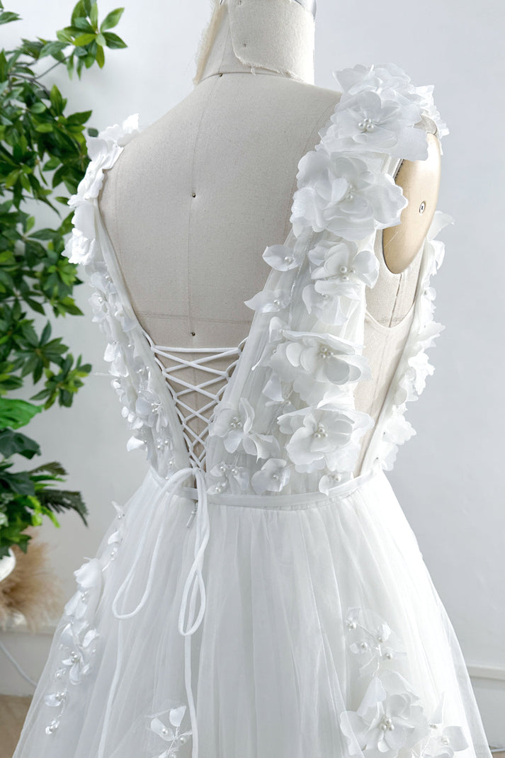 MissJophiel V Neck Sleeveless 3D Floral Applique Midi Wedding Dress