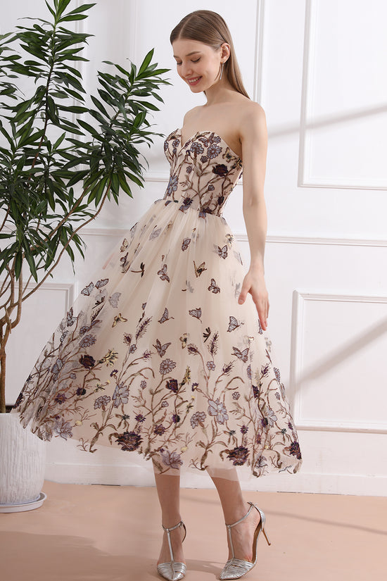 Embroidery Butterfly Corset Midi Dress with Lace Up Back