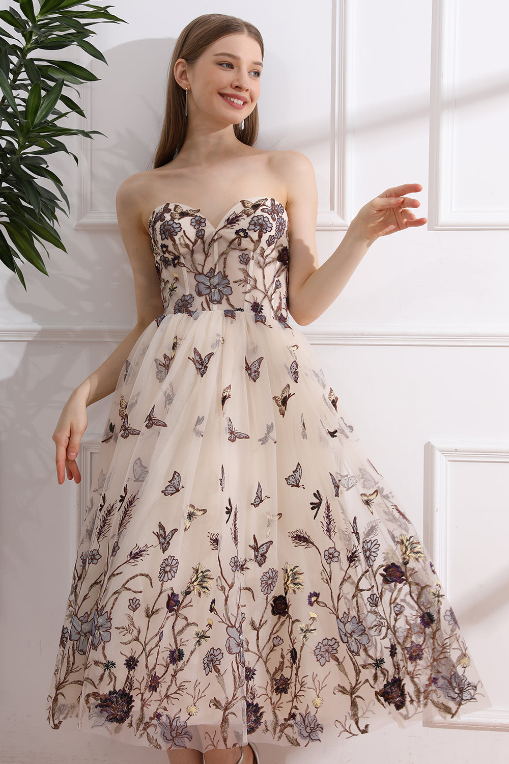 MissJophiel Strapless Corset Floral Butterfly Embroidery Midi Dress
