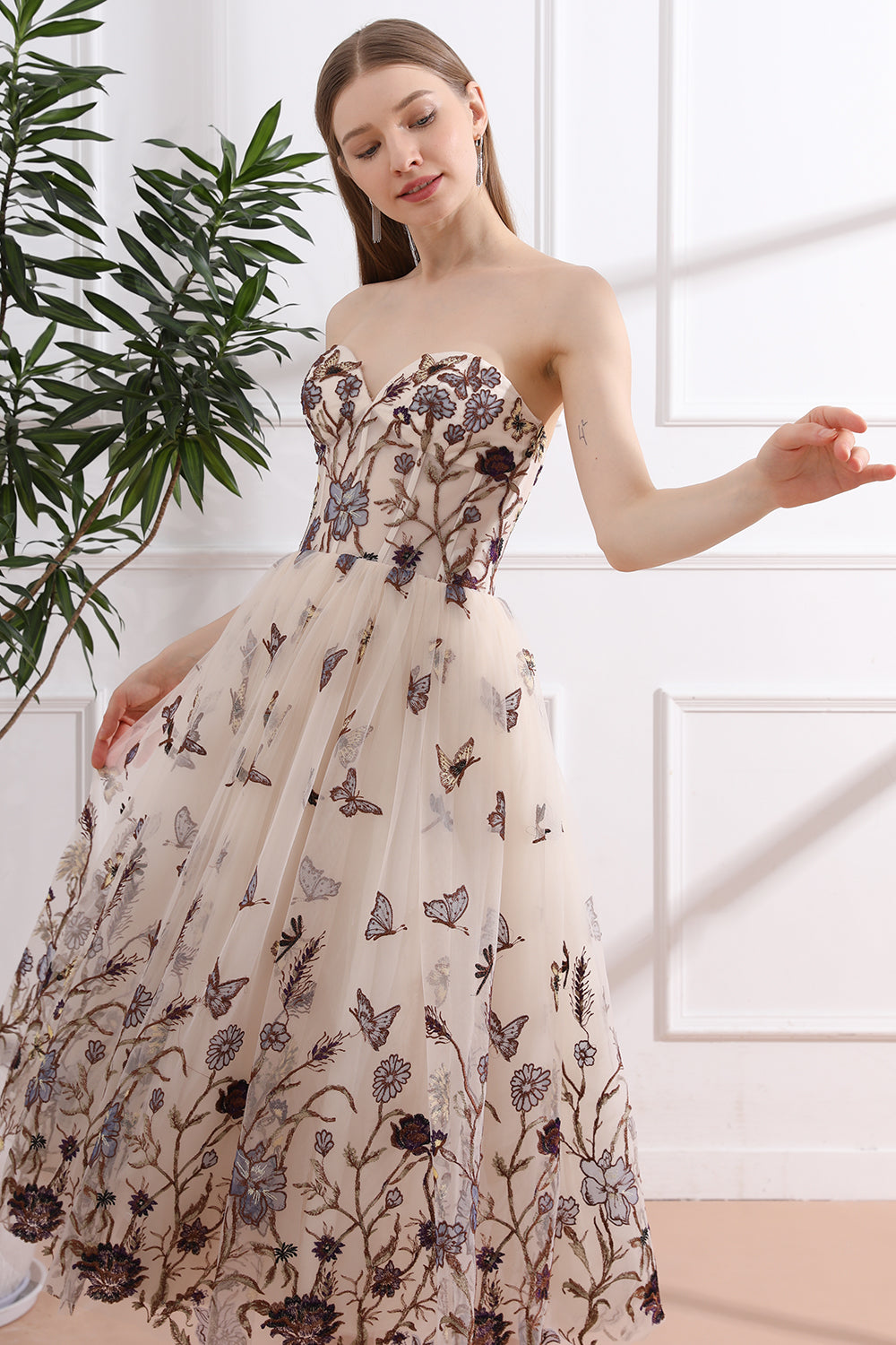 Strapless Corset Floral Butterfly Embroidery Midi Dress