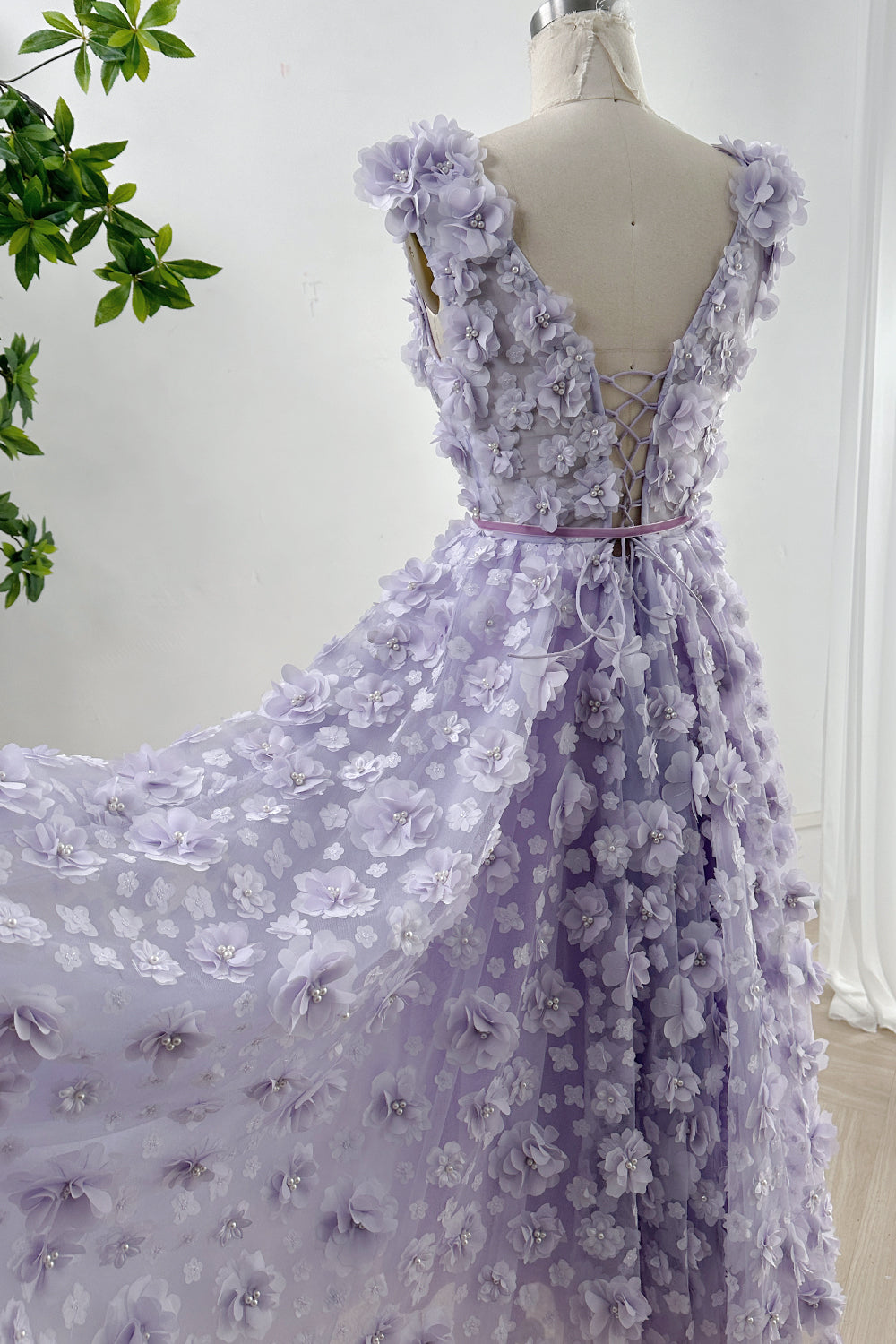 MissJophiel Straps V Neck 3D Floral Lavender Dress with Side Slit
