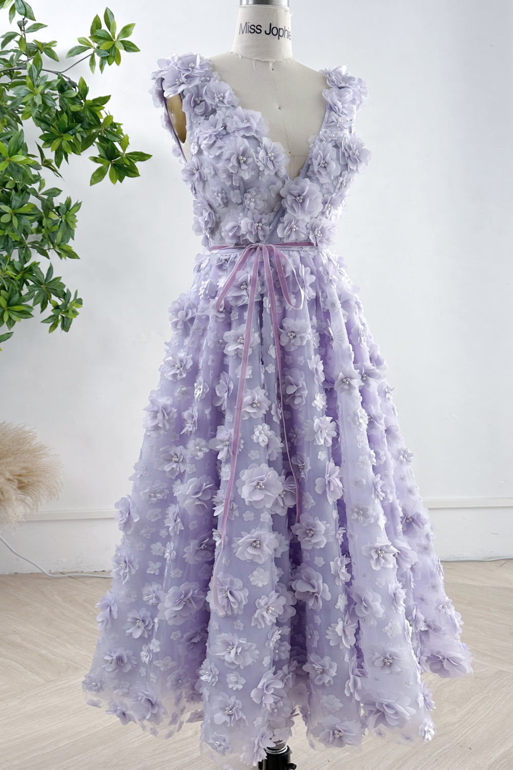 Straps V Neck 3D Floral Lavender Dress with Side Slit