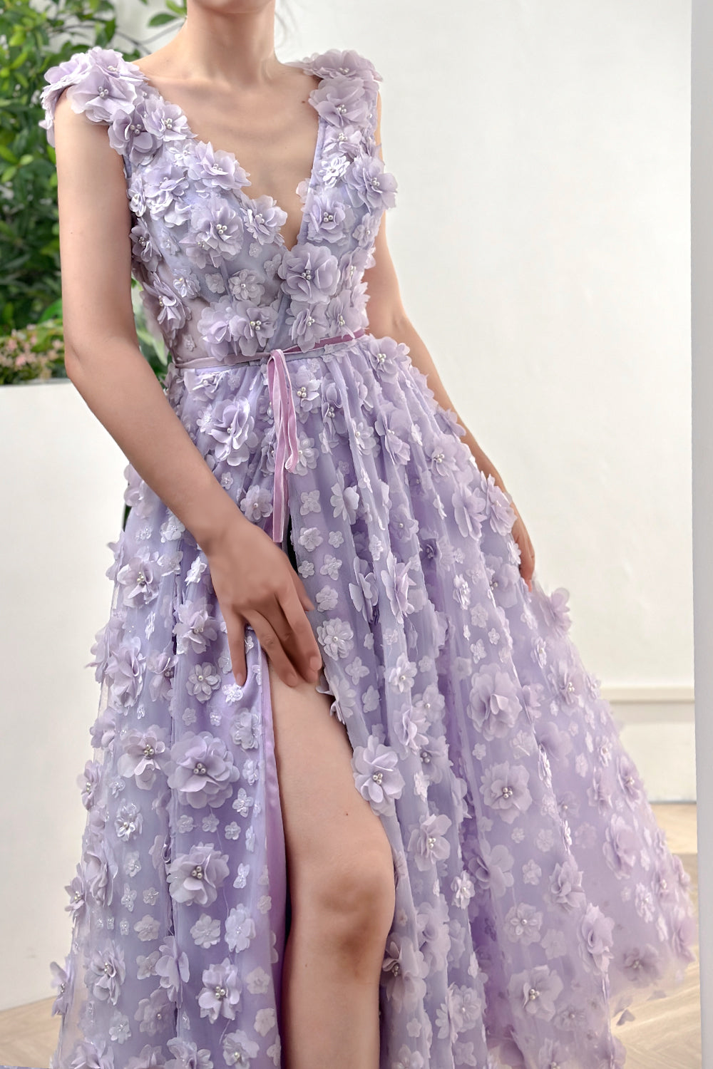 Straps V Neck 3D Floral Lavender Dress with Side Slit