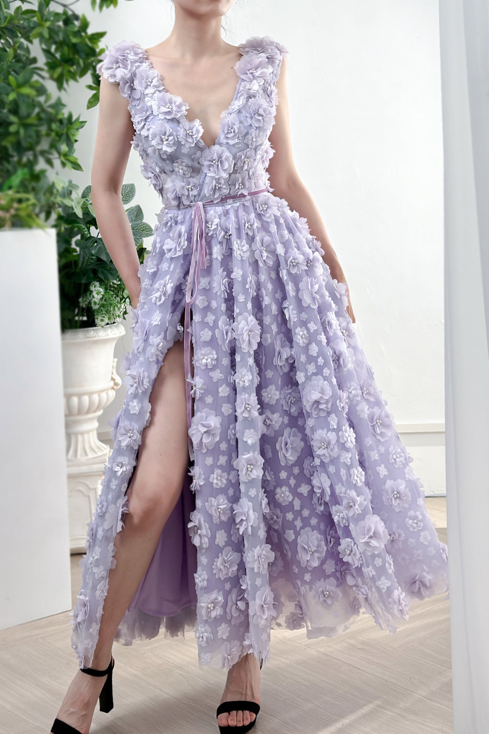 MissJophiel Straps V Neck 3D Floral Lavender Dress with Side Slit