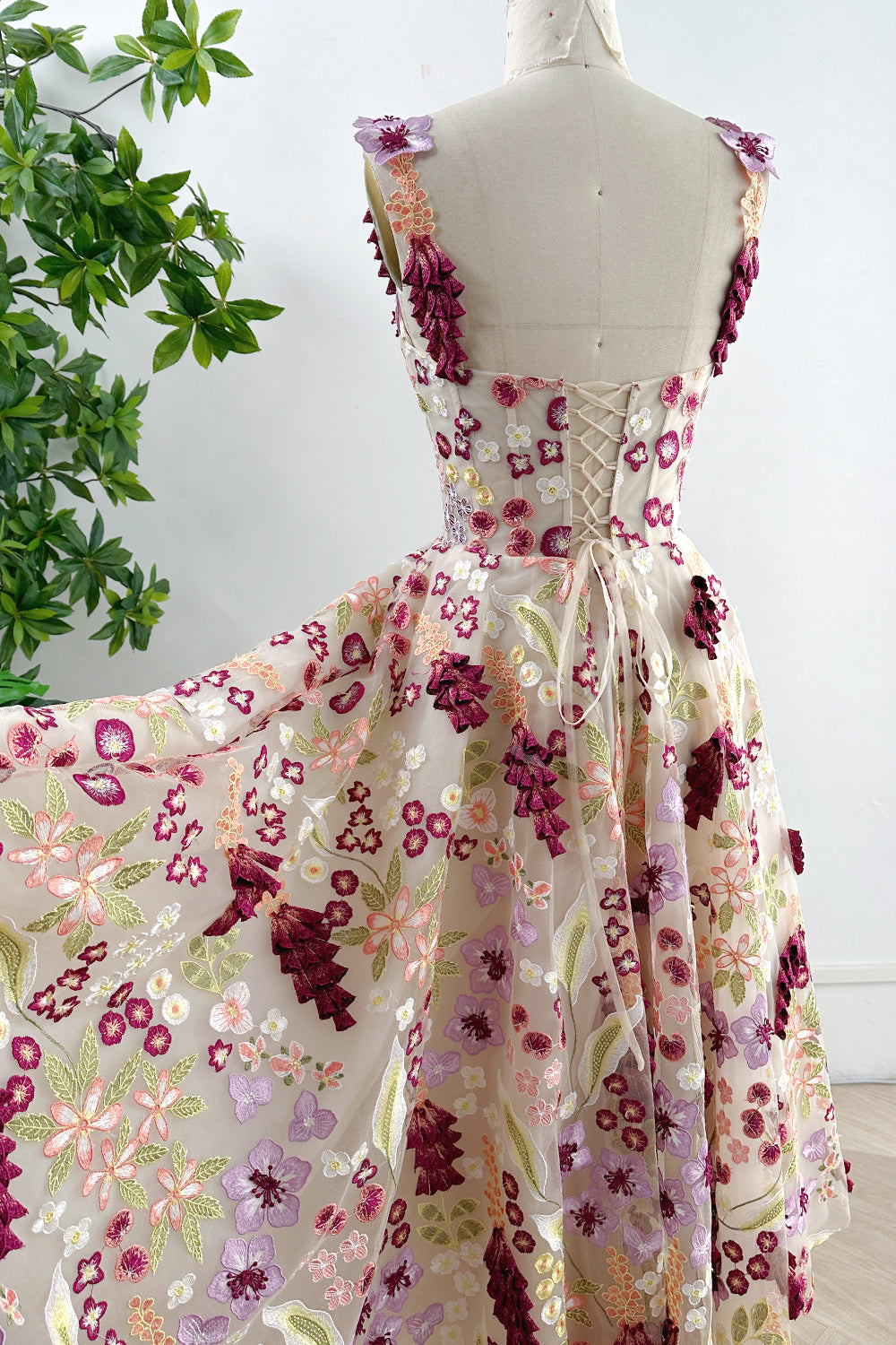 MissJophiel Corset Colorful Floral Embroidery Midi Dress with Removable