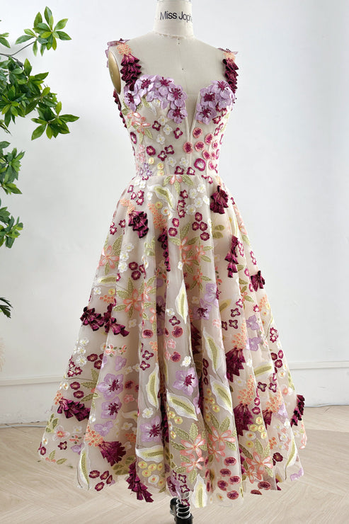 Corset Colorful Floral Embroidery Champagne Tulle Dress with Straps