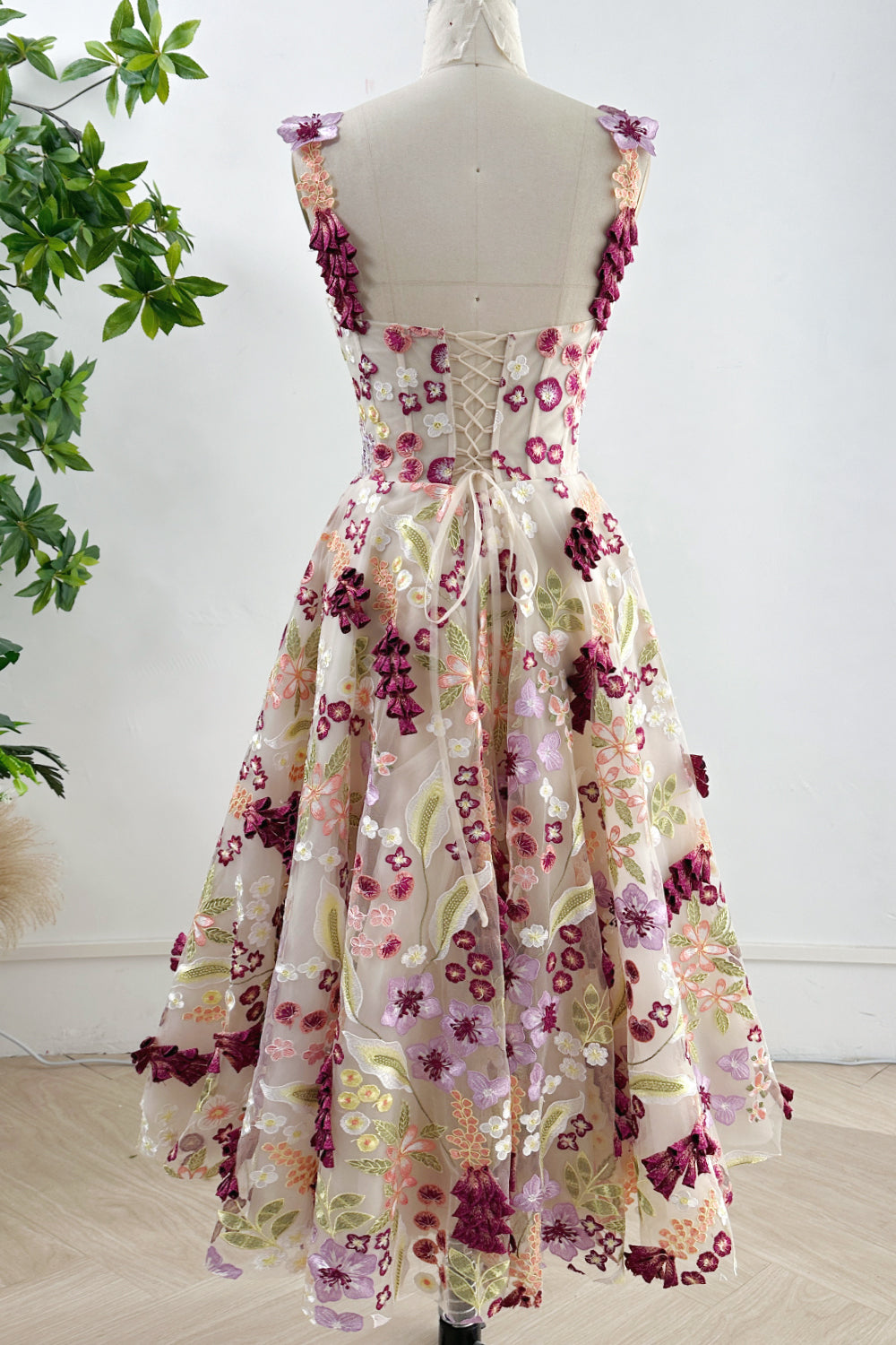 Corset Colorful Floral Embroidery Midi Dress with Removable Straps