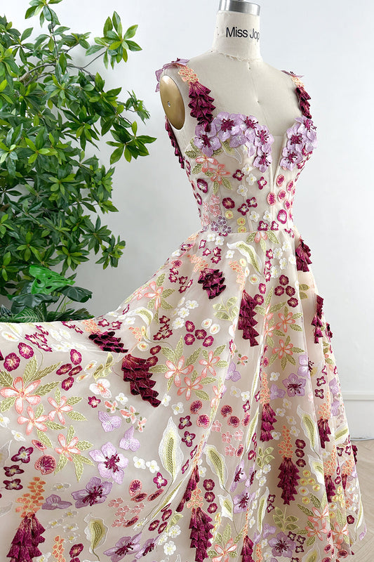 MissJophiel Corset Colorful Floral Embroidery Midi Dress with Removable Straps