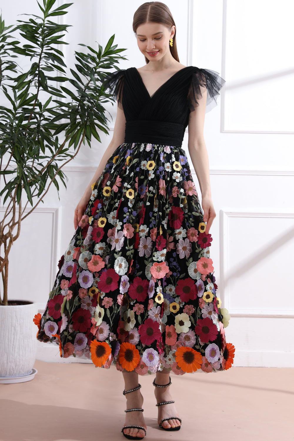 MissJophiel Straps V Neck Black Floral Embroidery Midi Dress