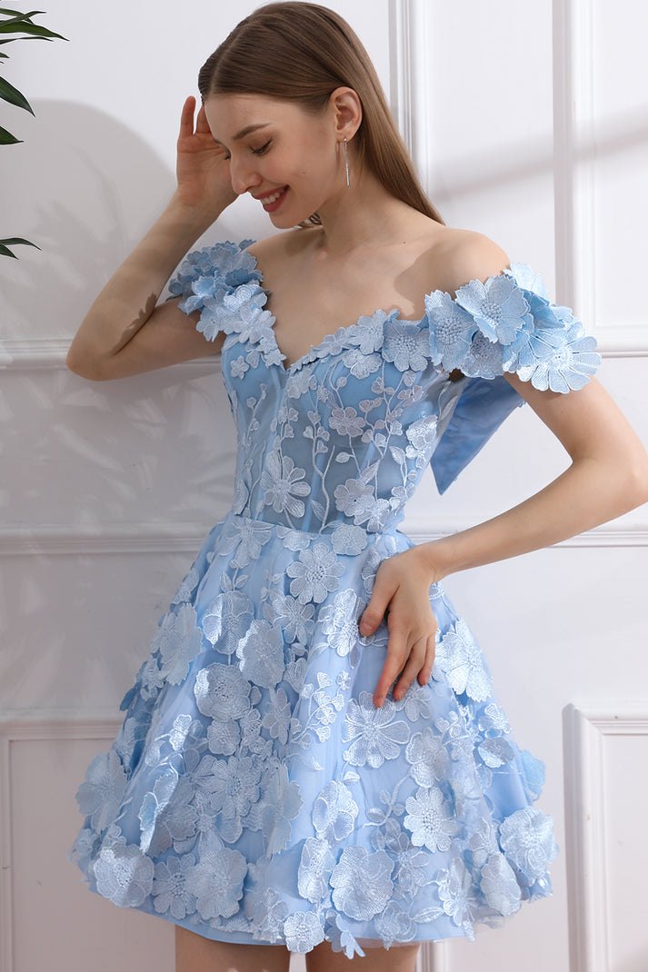 Sky Blue/ Orange Embroidery Flower Shirt Mini Dress