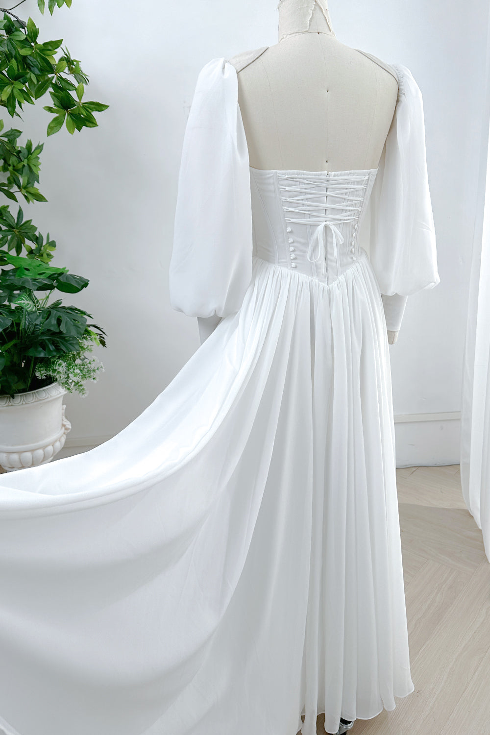 MissJophiel Corset Ivory Chiffon Long Wedding Dress with Removable Puff Sleeves Ivory / Floor Length / US4 MissJophiel Corset Ivory Chiffon Long Wedding Dress with Removable Puff Sleeves Ivory / Floor Length / US4