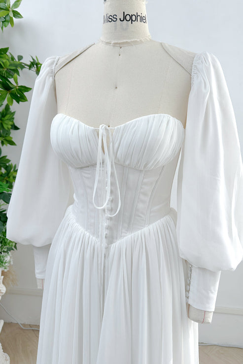 MissJophiel Corset Ivory Chiffon Long Wedding Dress with Removable Puff ...