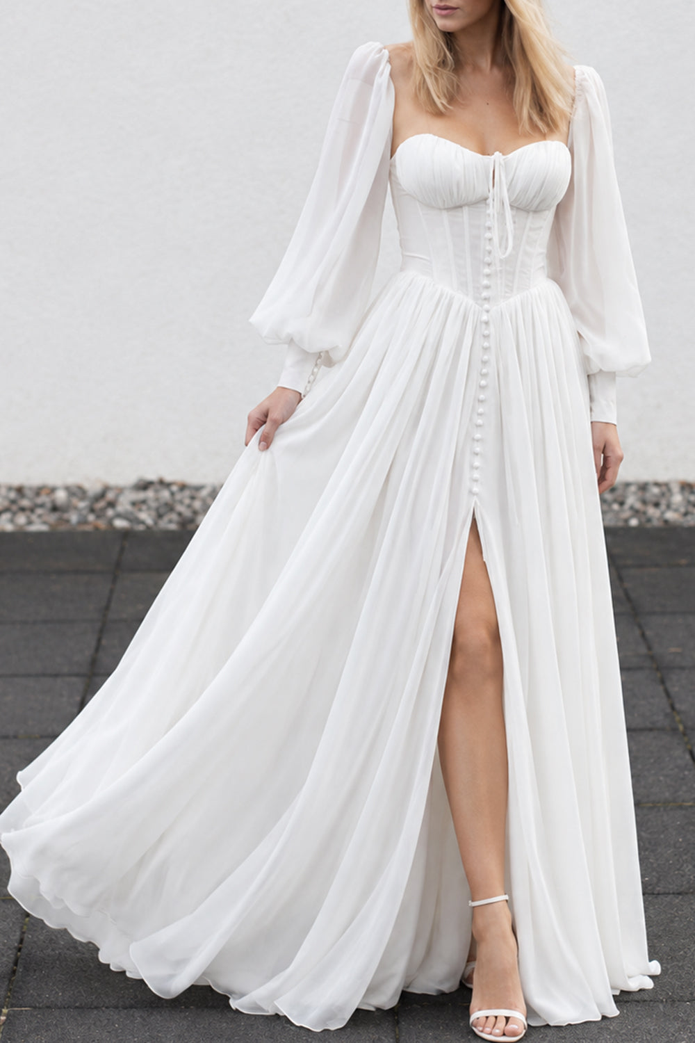 Corset Ivory Chiffon Long Wedding Dress with Removable Puff Sleeves