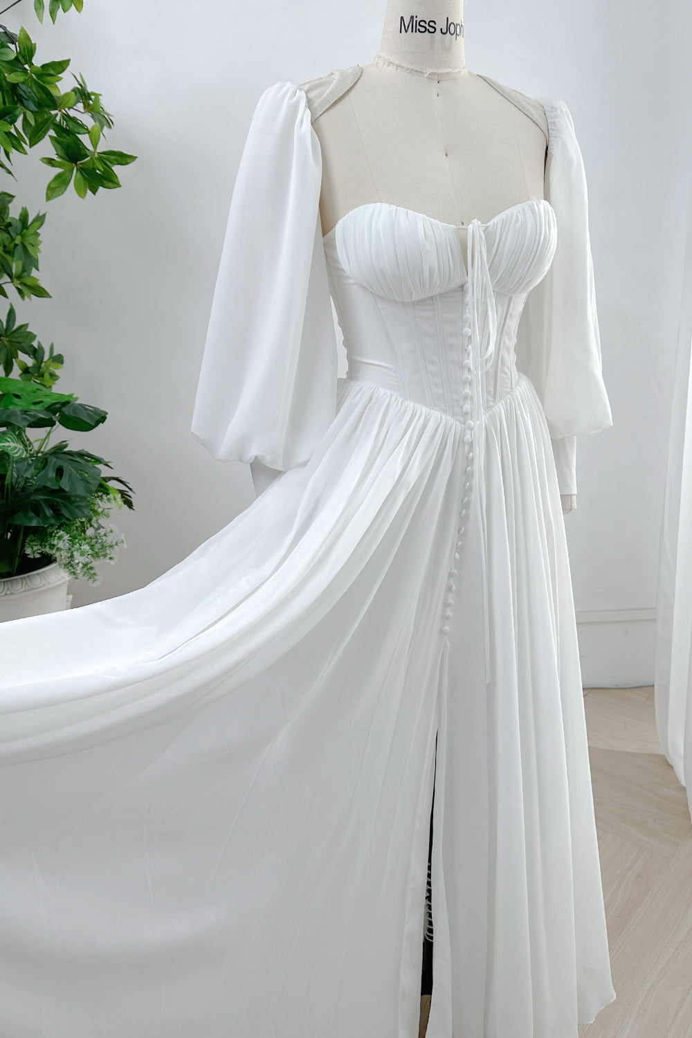 MissJophiel Corset Ivory Chiffon Long Wedding Dress with Removable Puff