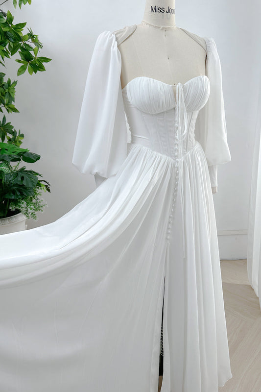 MissJophiel Corset Ivory Chiffon Long Wedding Dress with Removable Puff Sleeves