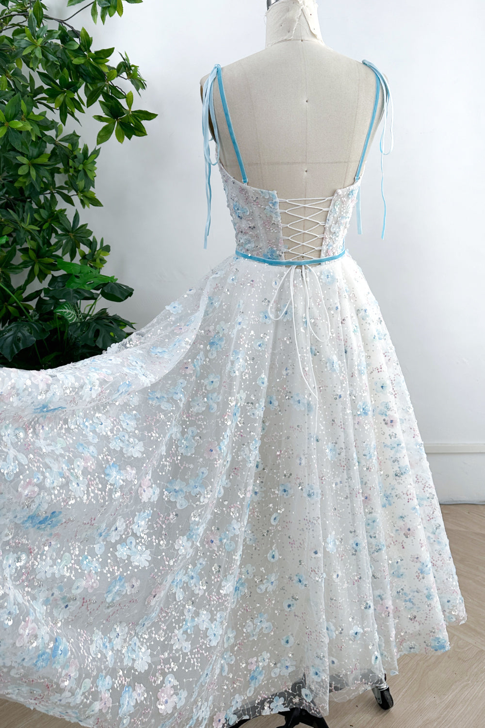 MissJophiel Corset Sky Blue 3D Floral Dress with Removable Tie Straps